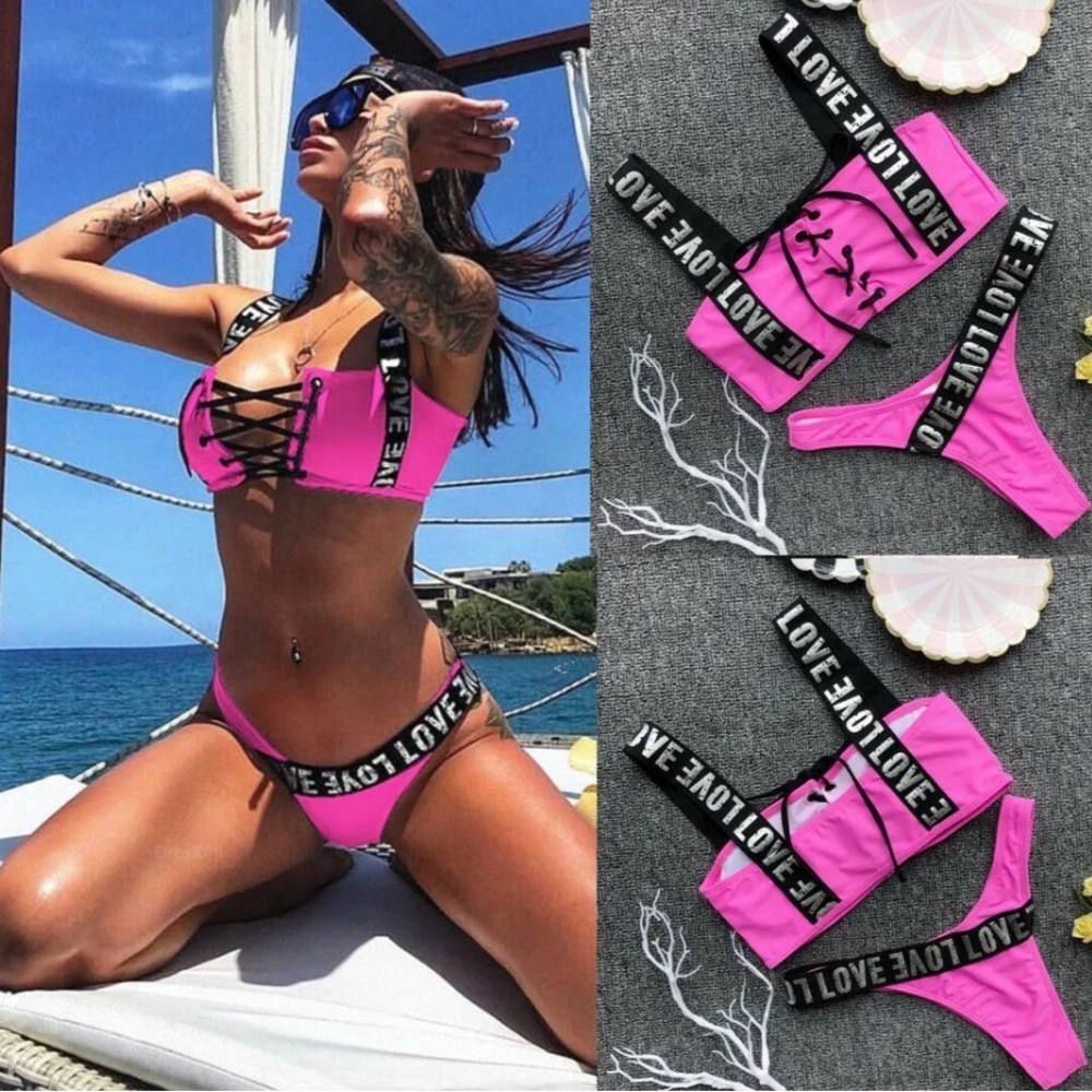 New Stylish Pink Lace-Up Bikini Swimsuit Bathing Suit Set size S